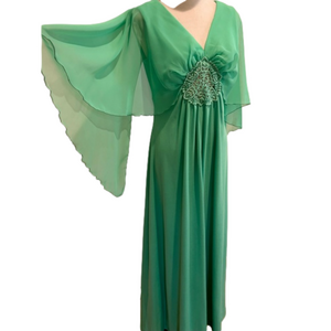 70s EMERALD GREEN MAXI GOWN SHEER BUTTERFLY CAPE SLEEVE & LACE PEEKABOO APPLIQUE
